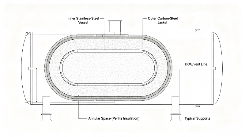 Cross-section of a Fortune Gas double wall cryogenic storage tank showing perlite insulation.png