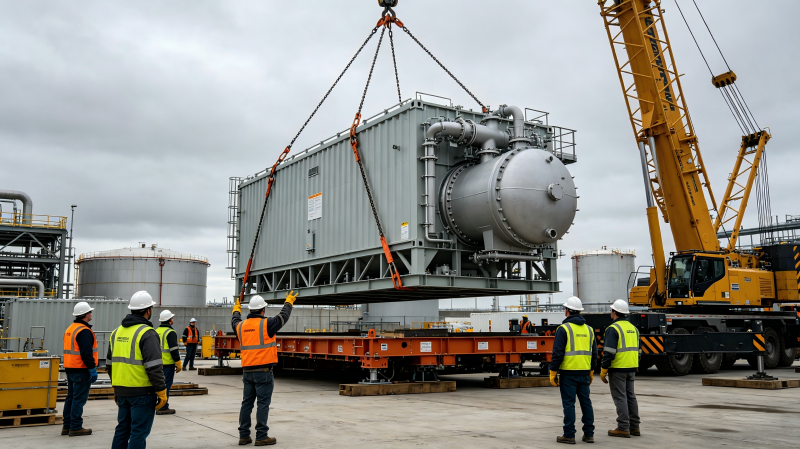 Large-scale modular air separation cold box being lifted into place to reduce on-site construction time.png