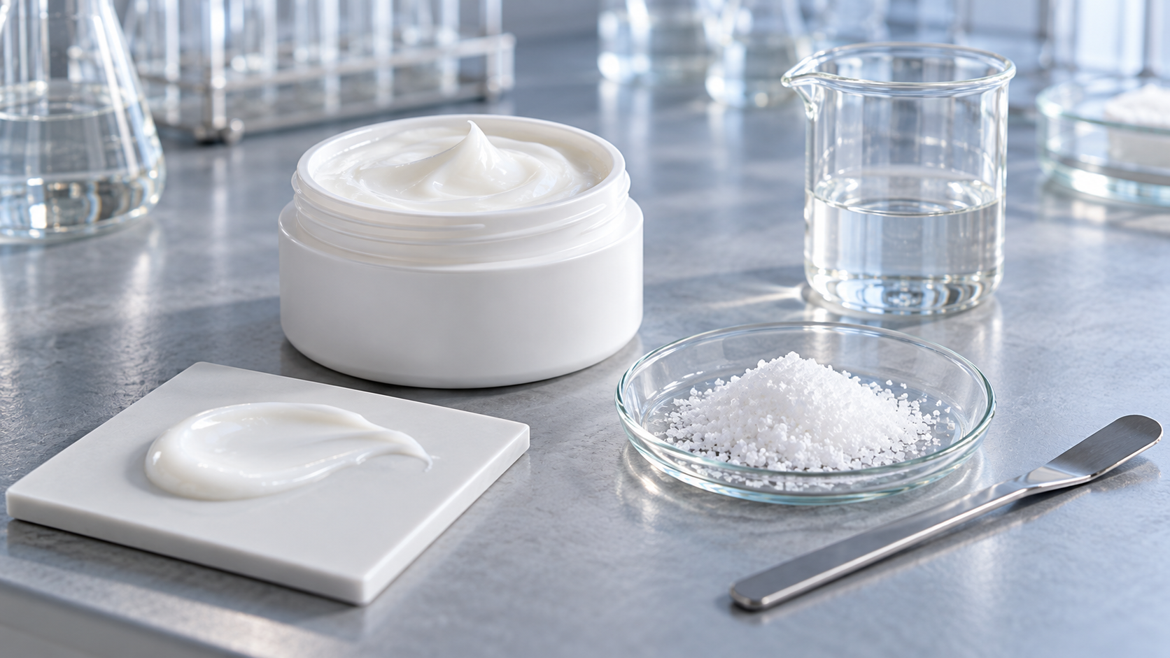 Urea crystals and skincare cream in a laboratory formulation setting.png Urea crystals and skincare cream in a laboratory formulation setting.png